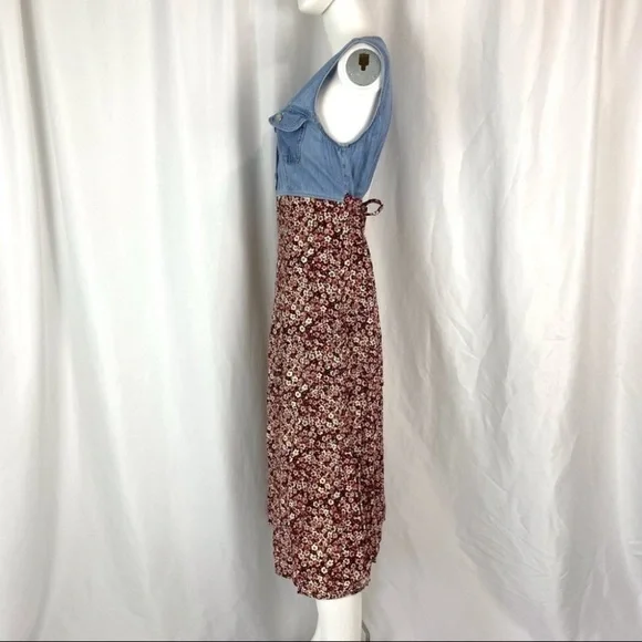 Vintage Midi Length Floral and Denim Sleeveless Dress - Picture 2 of 10